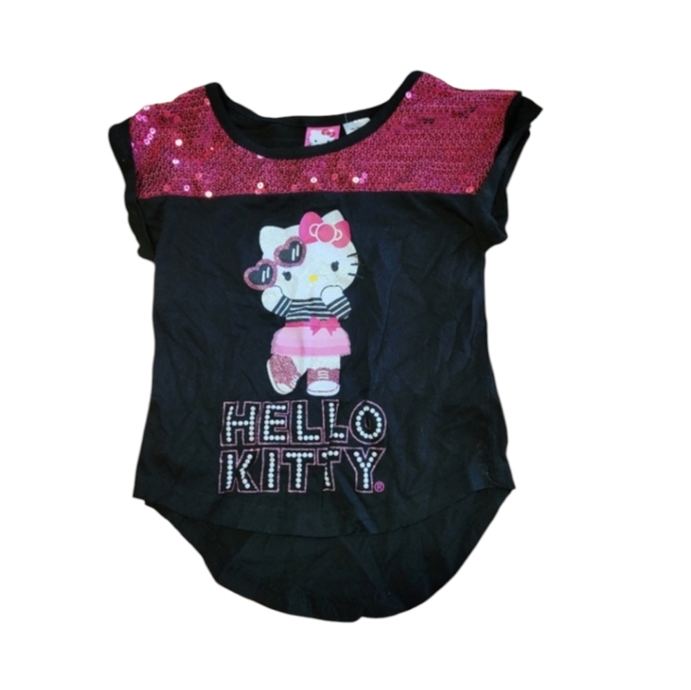 Hello Kitty Saurio Sequined Sparkle Glitter Black And Hot Pink Tee Size XS Girls